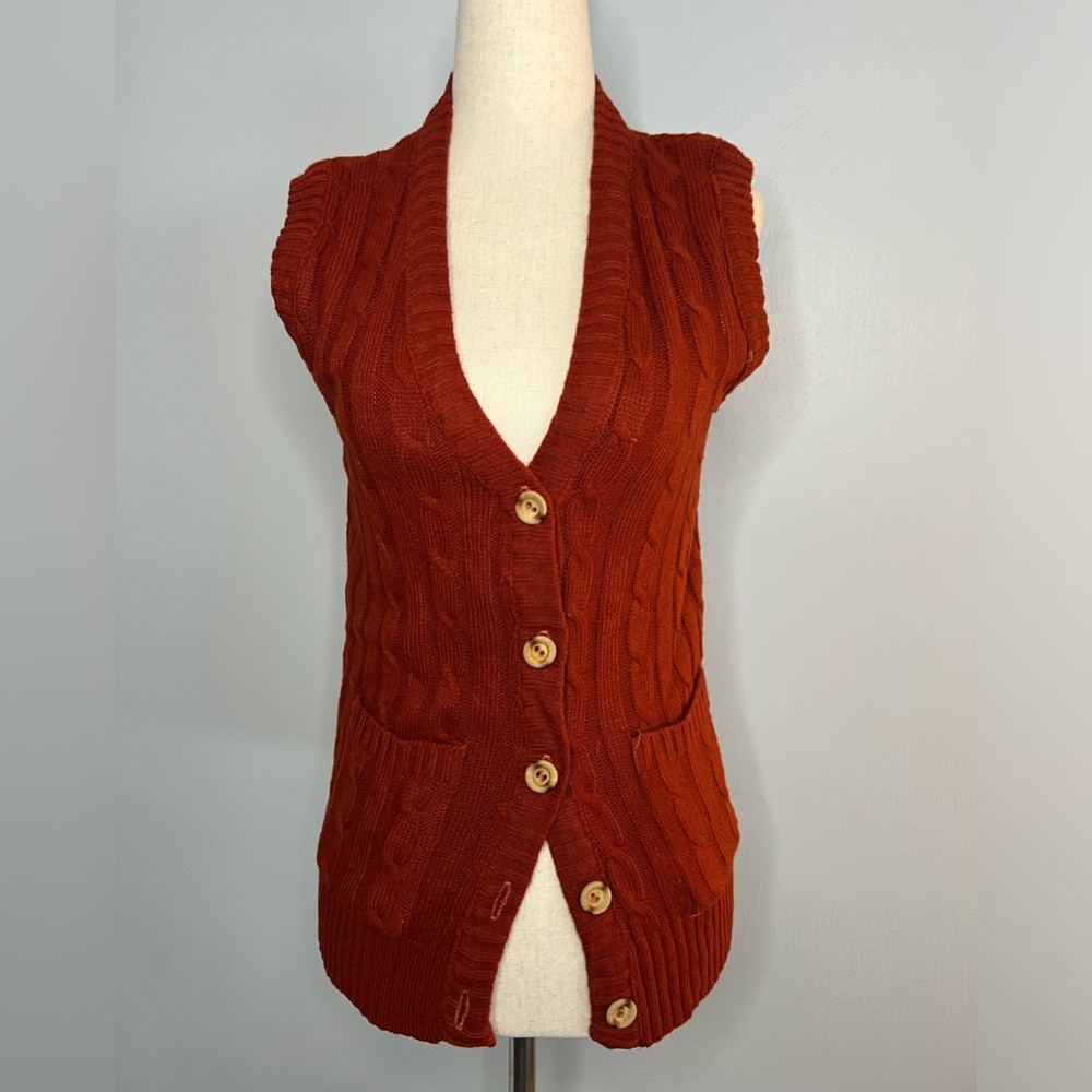 Vintage Womens Small Cognac Brown Cable Knit Sweater Fitted Longline